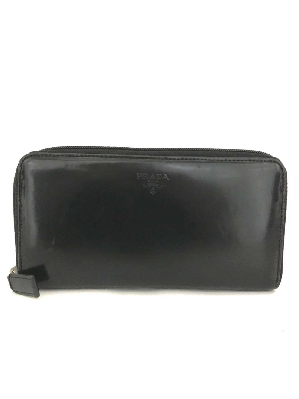 Authentic Prada Black Spazzolato Patent Leather Zip Around Long Wallet👝
